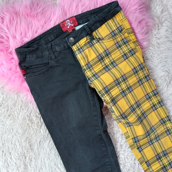 Tripp split personality half yellow plaid half black skinny jeans! Royal Bones - Picture 7 of 8